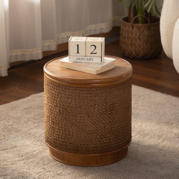 Round Woven Rope Storage Side Table - Natural Wood & Rope Accent Table with Hidden Storage
