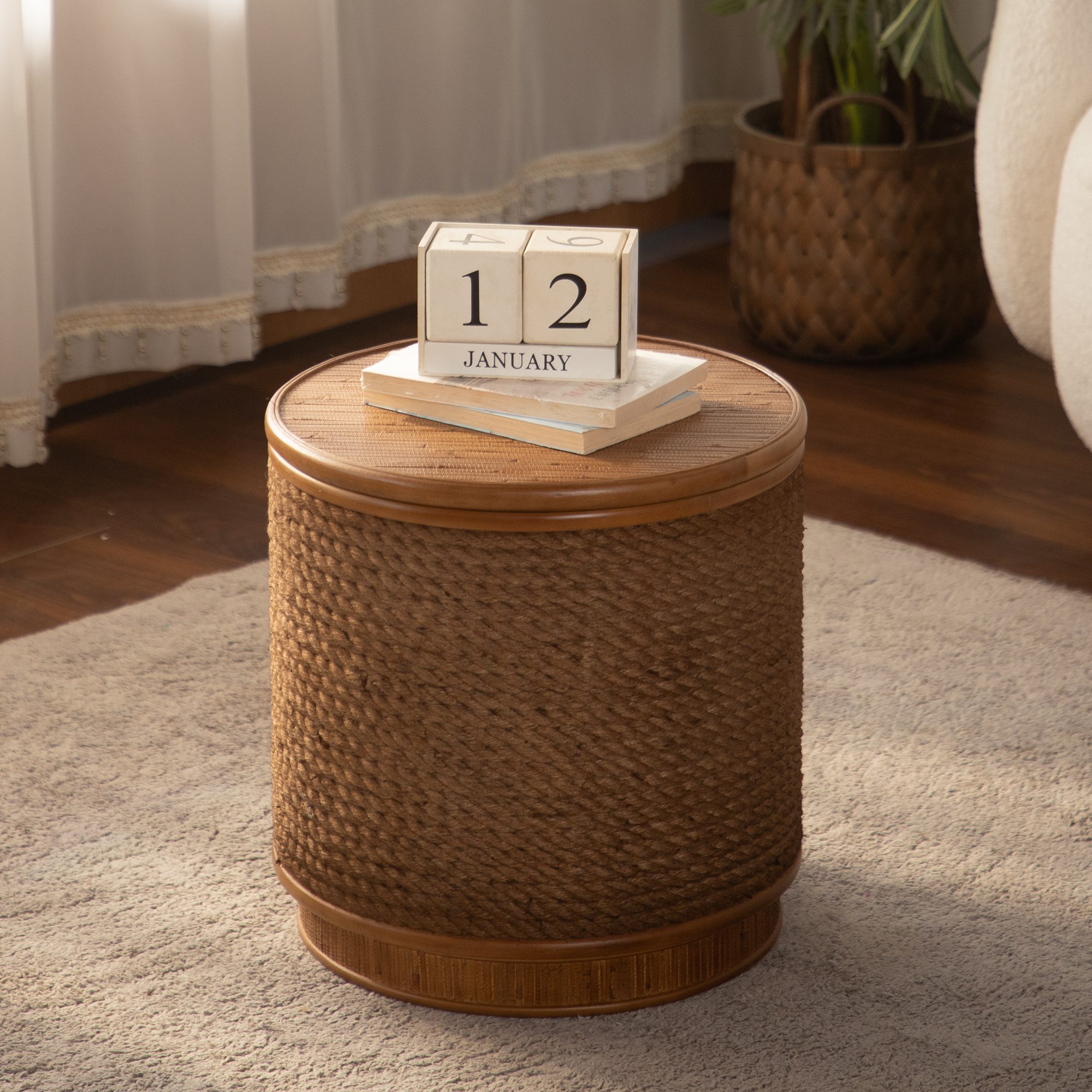 15 Round Woven Rope Storage Side Table - Natural Wood & Rope Accent Table with Hidden Storage - Image 1