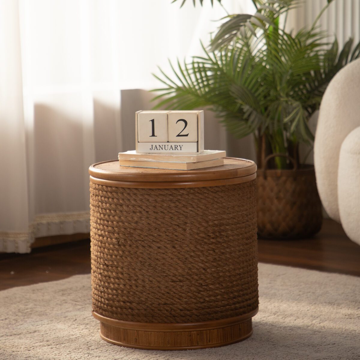 Round Woven Rope Storage Side Table - Natural Wood & Rope Accent Table with Hidden Storage - Image 2
