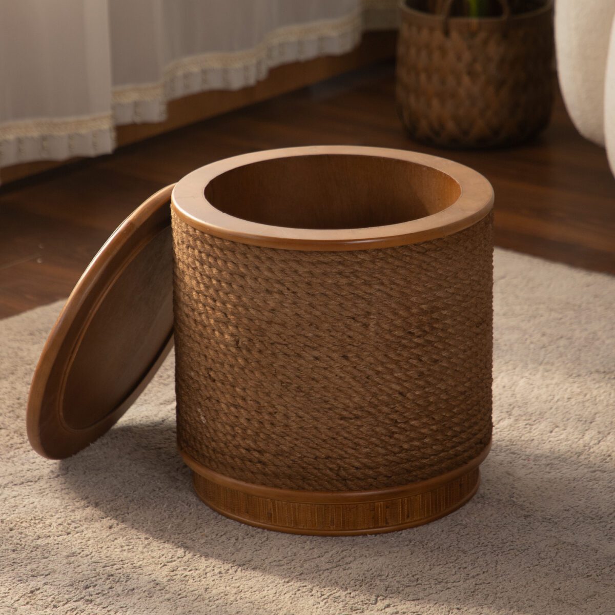 Round Woven Rope Storage Side Table - Natural Wood & Rope Accent Table with Hidden Storage - Image 5