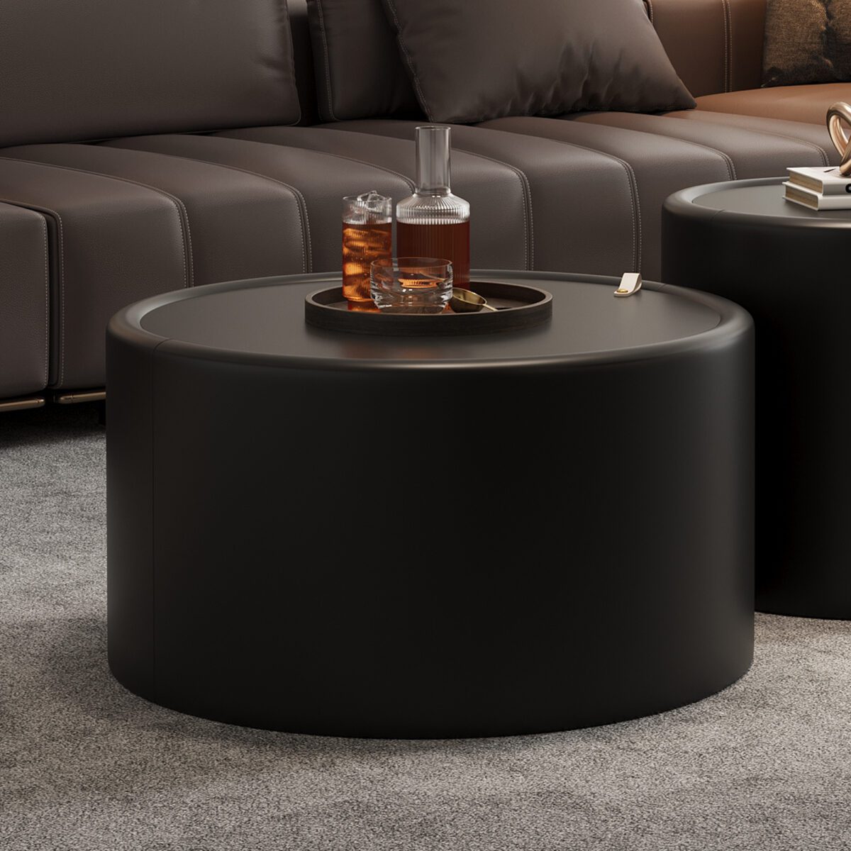 Black Round Storage Coffee Table - Tempered Glass Top & PU Leather Body Cylinder Accent Table - Image 2
