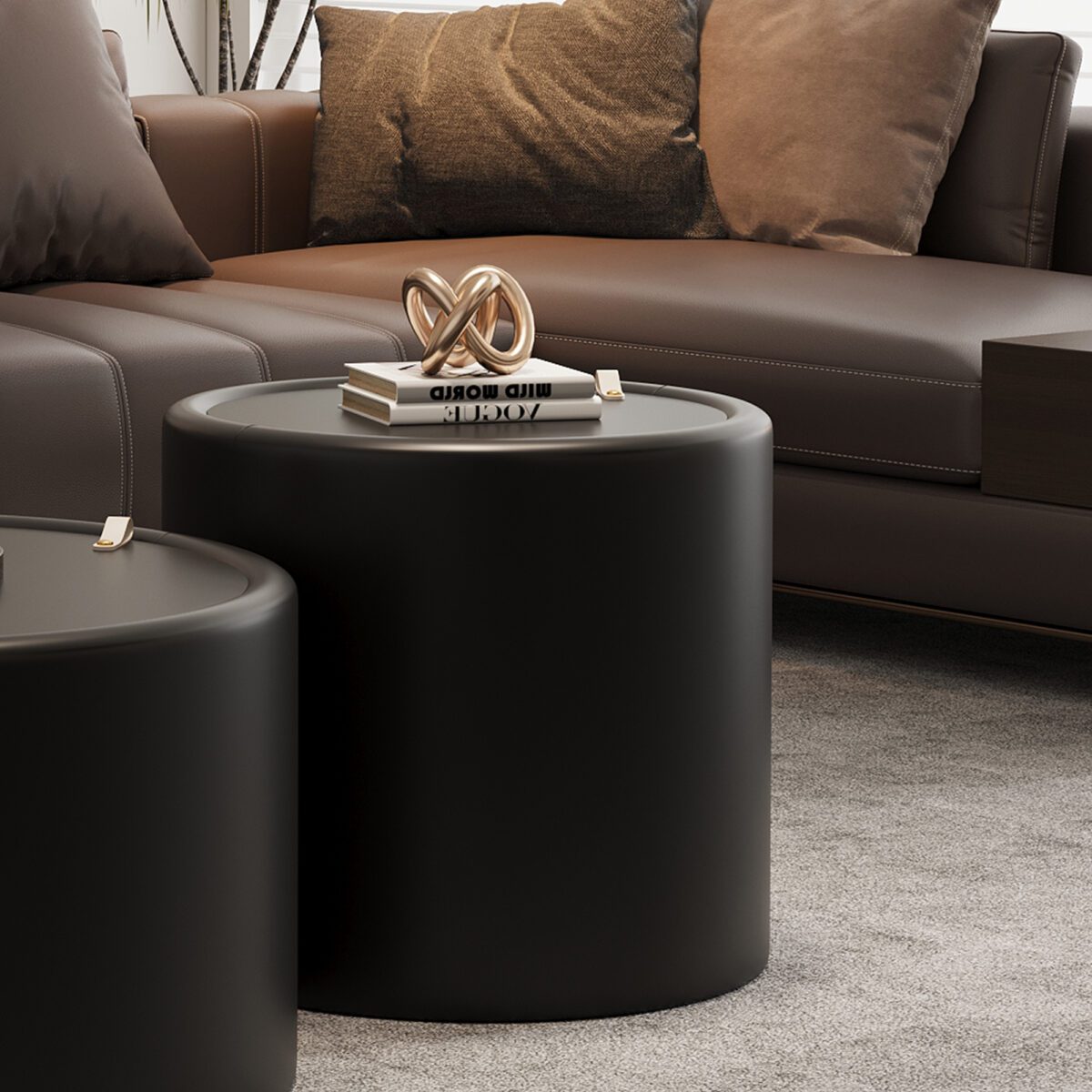 Black Round Storage Side Table - Tempered Glass Top & PU Leather Cylinder Accent Table - Image 3