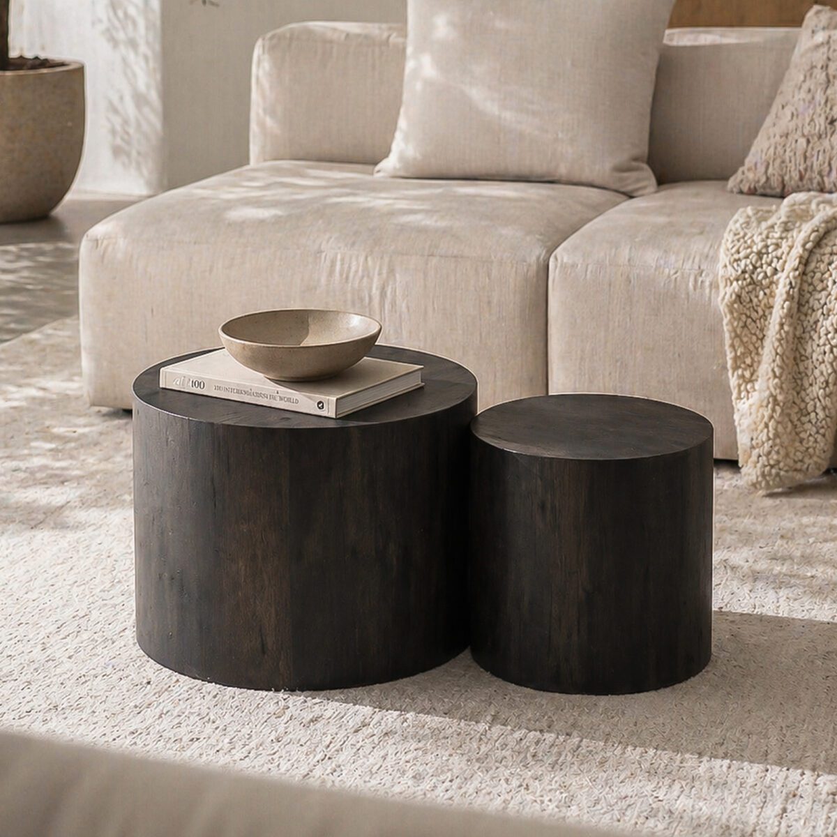 Set of 2 Nesting Round Cylinder MDF Side Tables, Dark Rustic Wood-Grain Drum Accent Table Set - Image 3