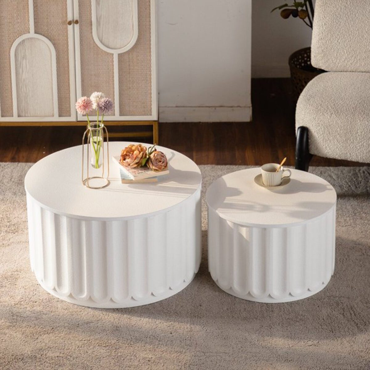 Set of 2 White Fluted Nesting Storage Tables - Modern Round Accent Coffee & Side Tables - Image 2