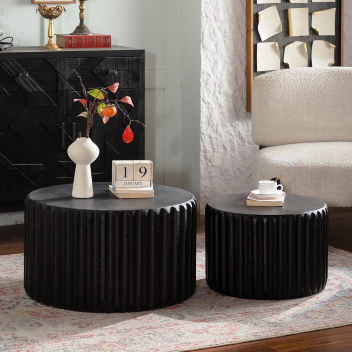 Set of 2 Black Fluted Nesting Storage Tables - Modern Round Accent Coffee & Side Tables - Image 3