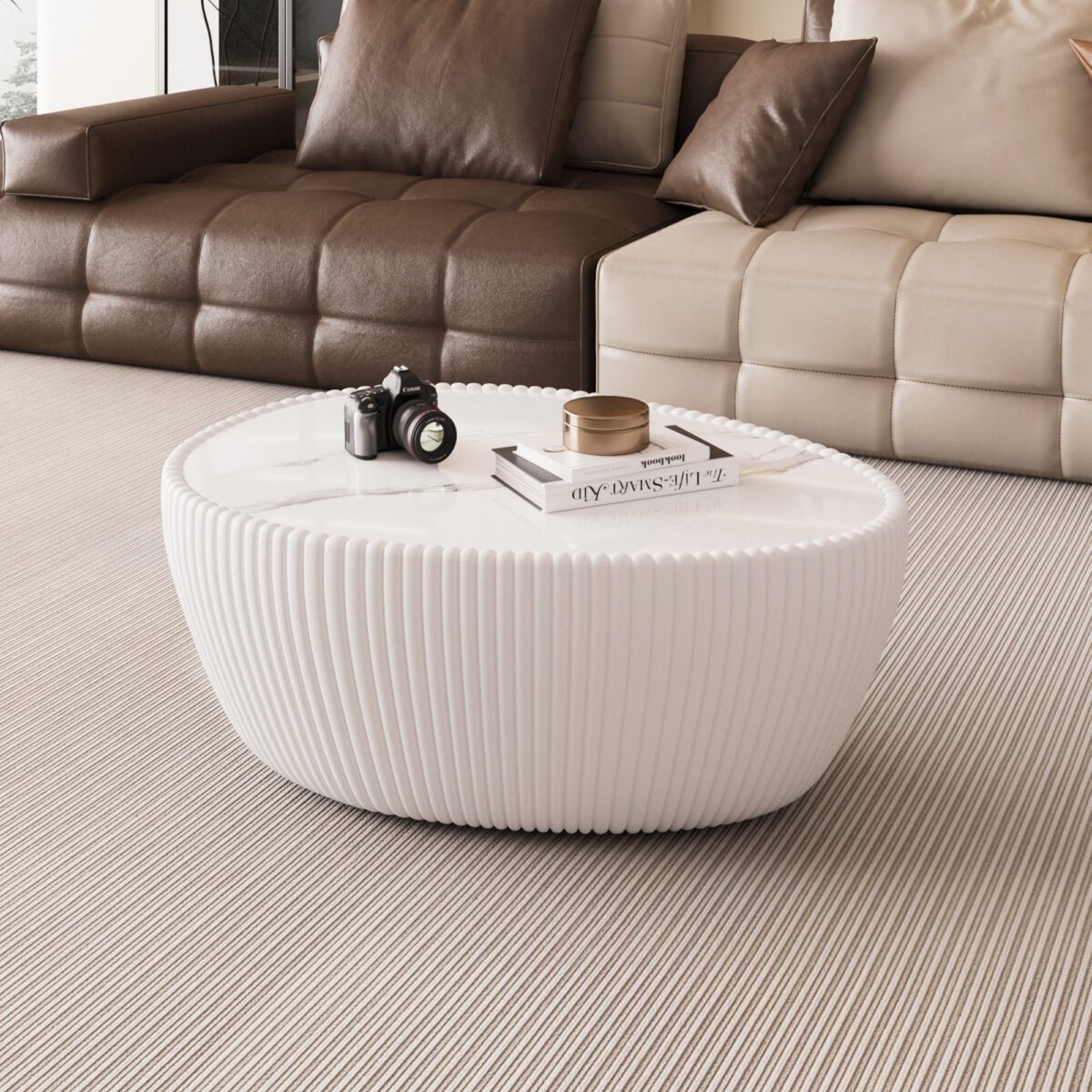 White Round Pleated Coffee Table - Marble Top & PU Leather Base Modern Accent Table - Image 2