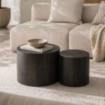Set of 2 Nesting Round Cylinder MDF Side Tables, Dark Rustic Wood-Grain Drum Accent Table Set