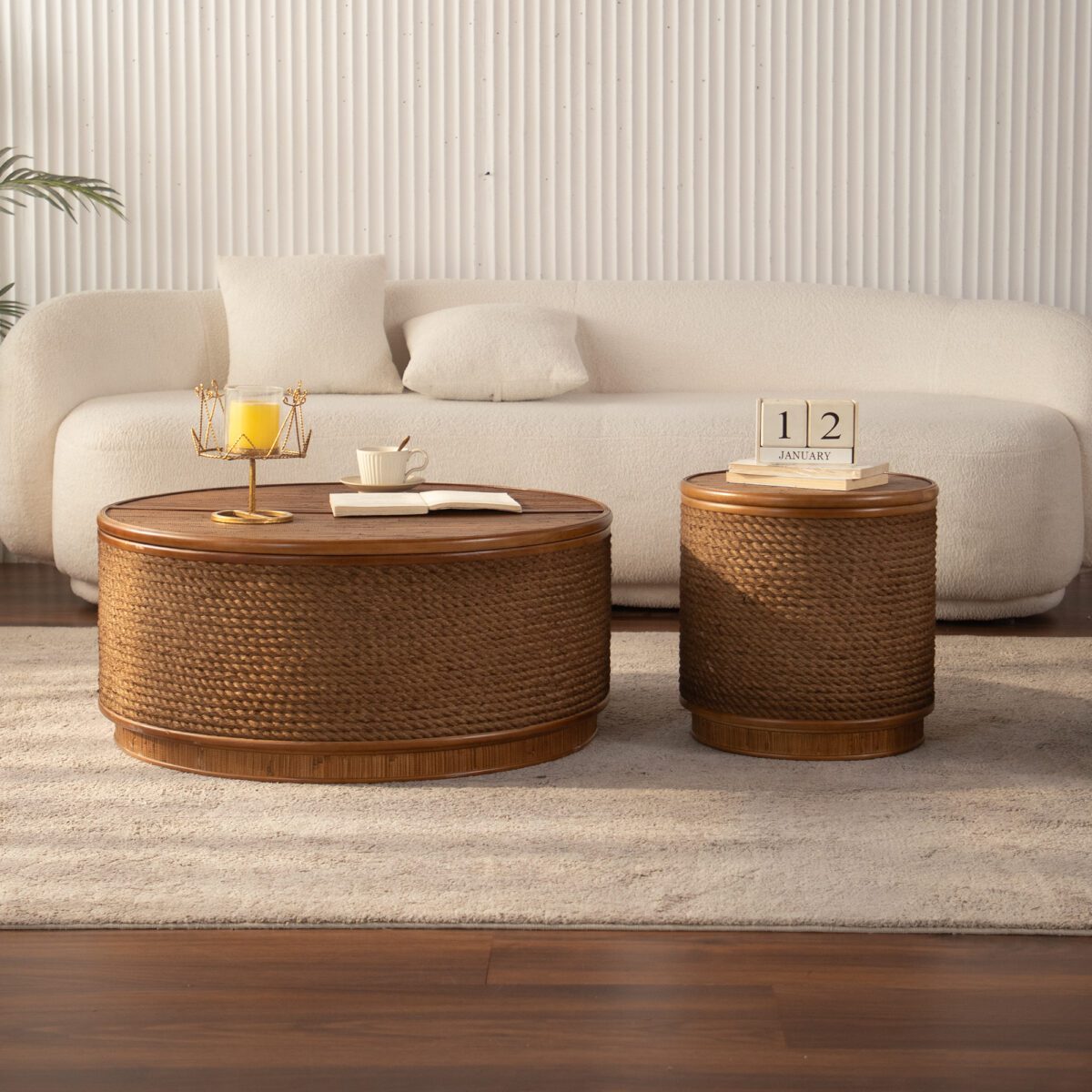 Round Woven Rope Storage Coffee Table - Natural Wood & Rope Accent Table with Lift-Top Compartment - Image 5
