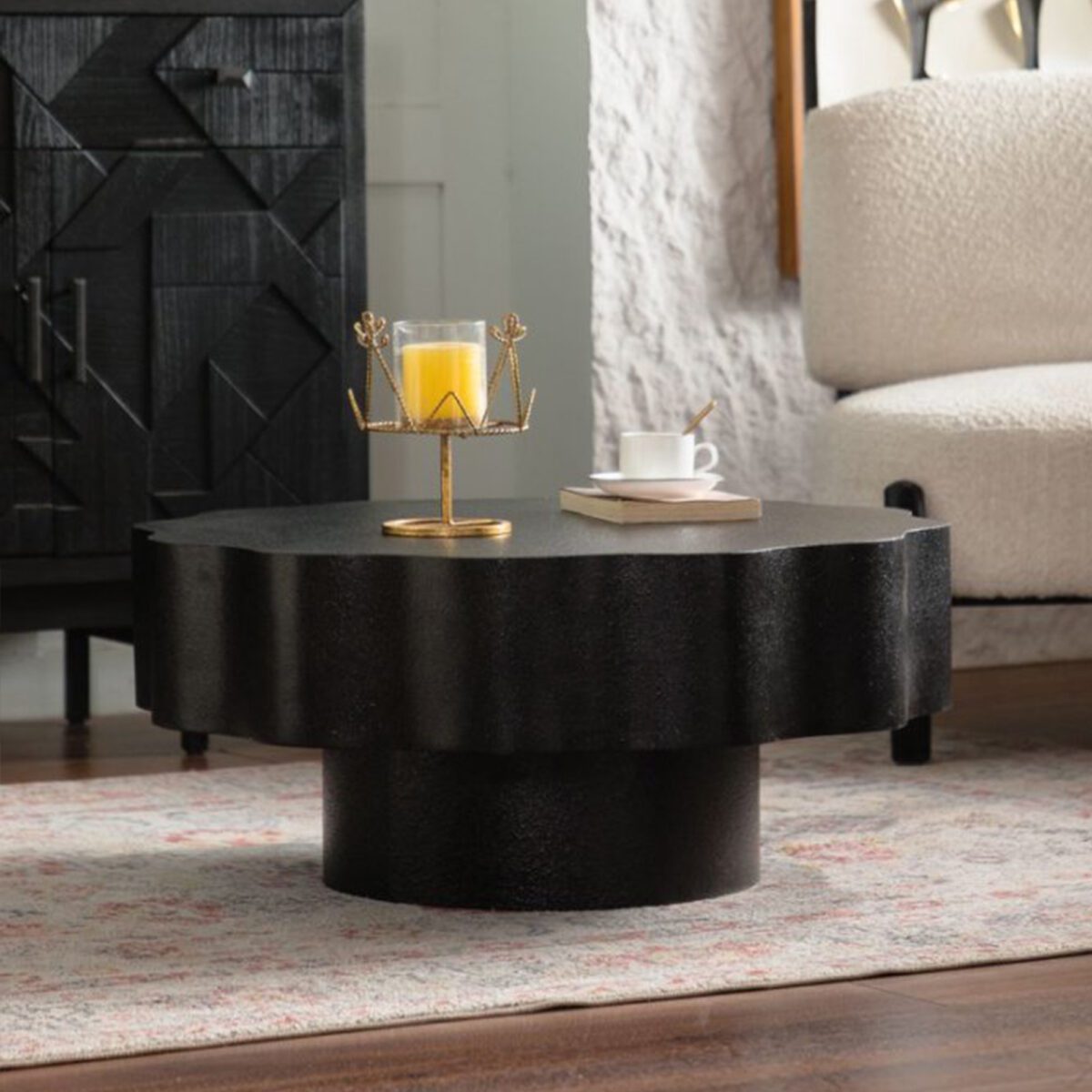 Black Scalloped Round Coffee Table - Modern Wavy Edge Accent Table - Image 2