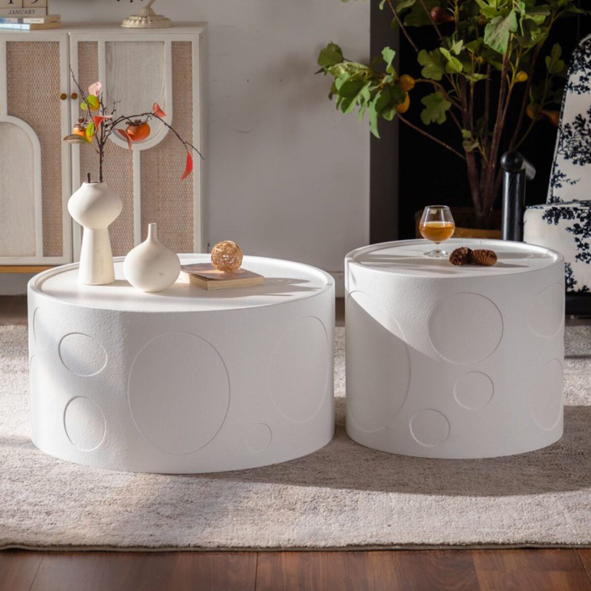 White Embossed Round Coffee Table - Modern Textured Cylinder Accent Table - Image 2