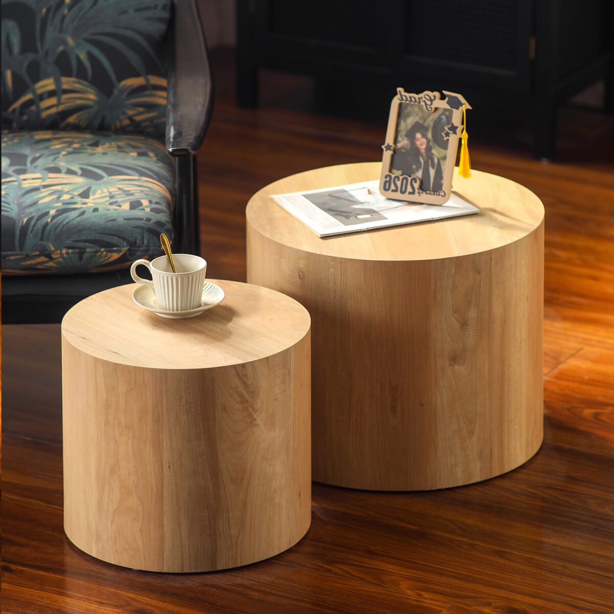 Set of 2 Nesting Natural Wood Grain MDF Cylinder Side Tables, Light Tone Drum Accent Table Set - Image 3