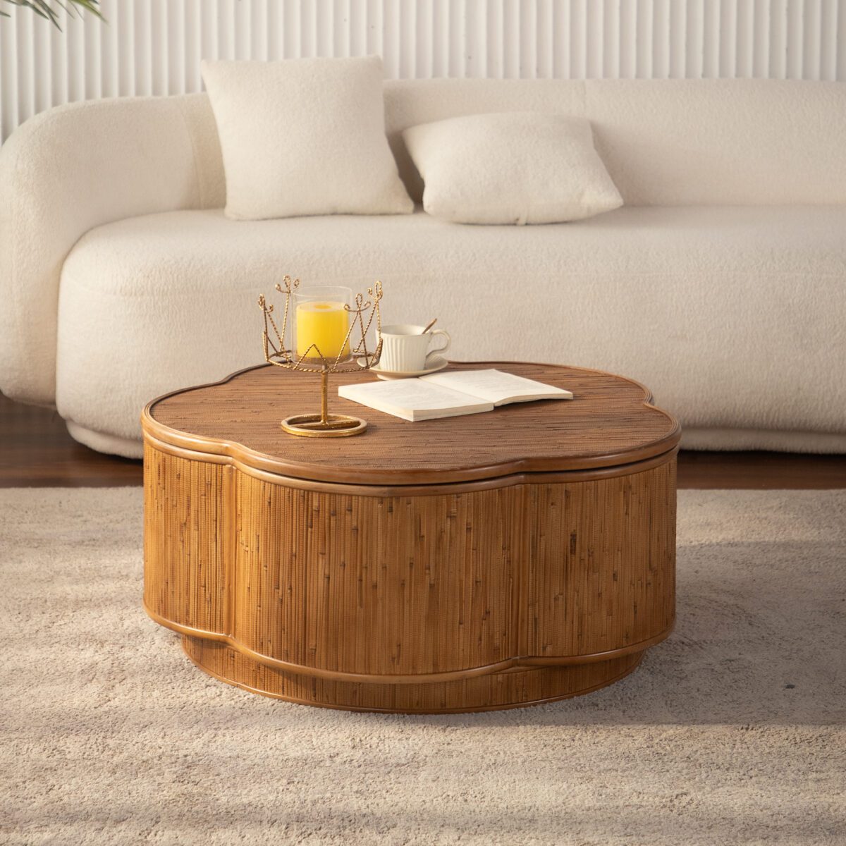 Clover-Shaped Bamboo Storage Coffee Table - Woven Bamboo Accent Table with Hidden Compartment - Image 2