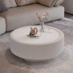 White Pleated Round Coffee Table - Tempered Glass Top & PU Leather Fluted Accent Table