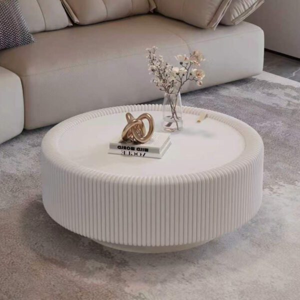 White Pleated Round Coffee Table - Tempered Glass Top & PU Leather Fluted Accent Table