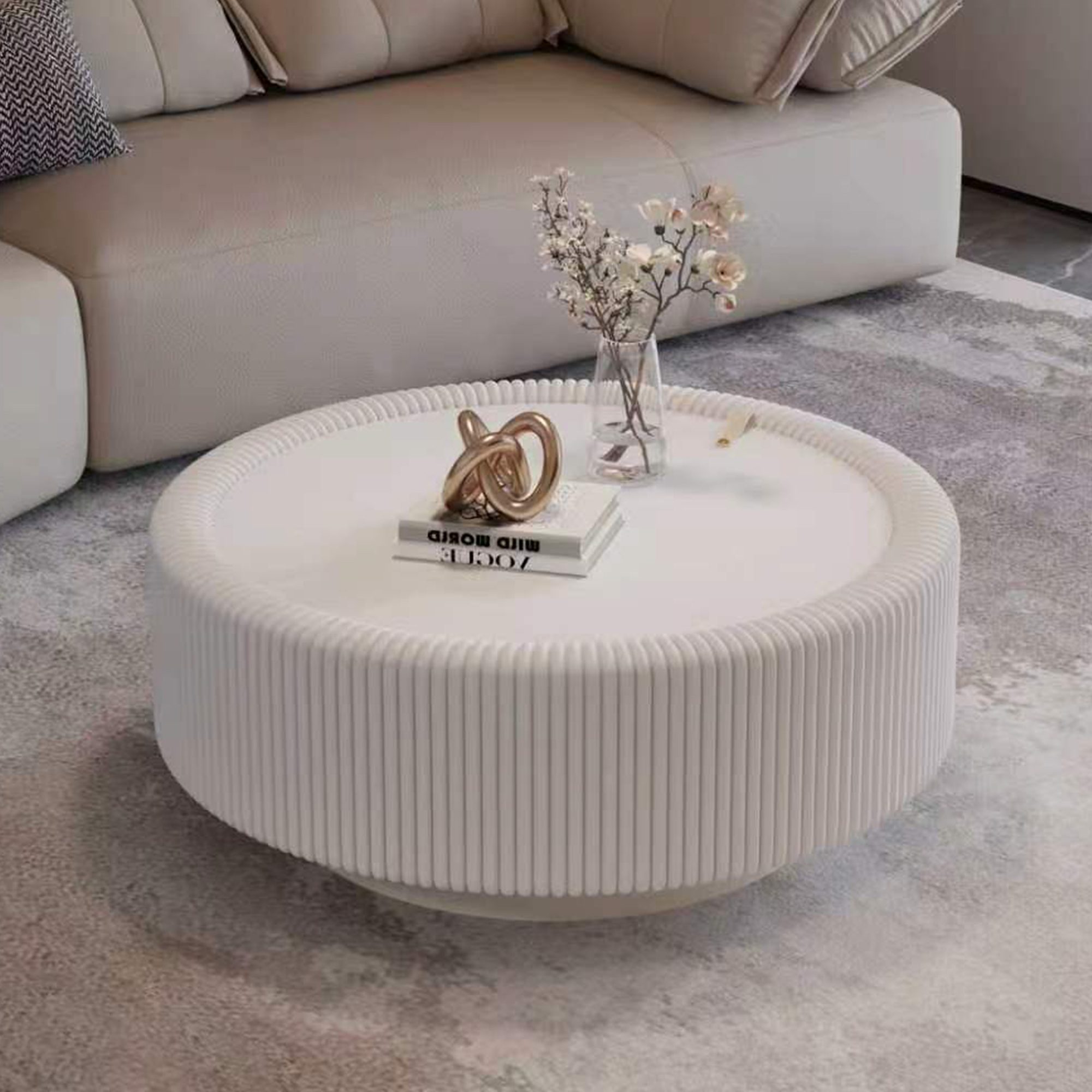 2 White Pleated Round Coffee Table - Tempered Glass Top & PU Leather Fluted Accent Table - Image 1