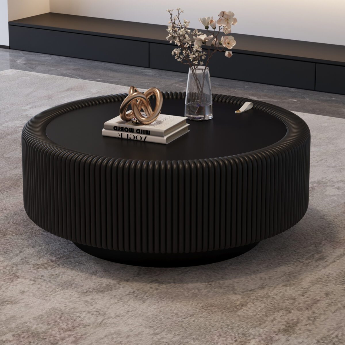Black Pleated Round Coffee Table - Tempered Glass Top & PU Leather Fluted Accent Table - Image 2