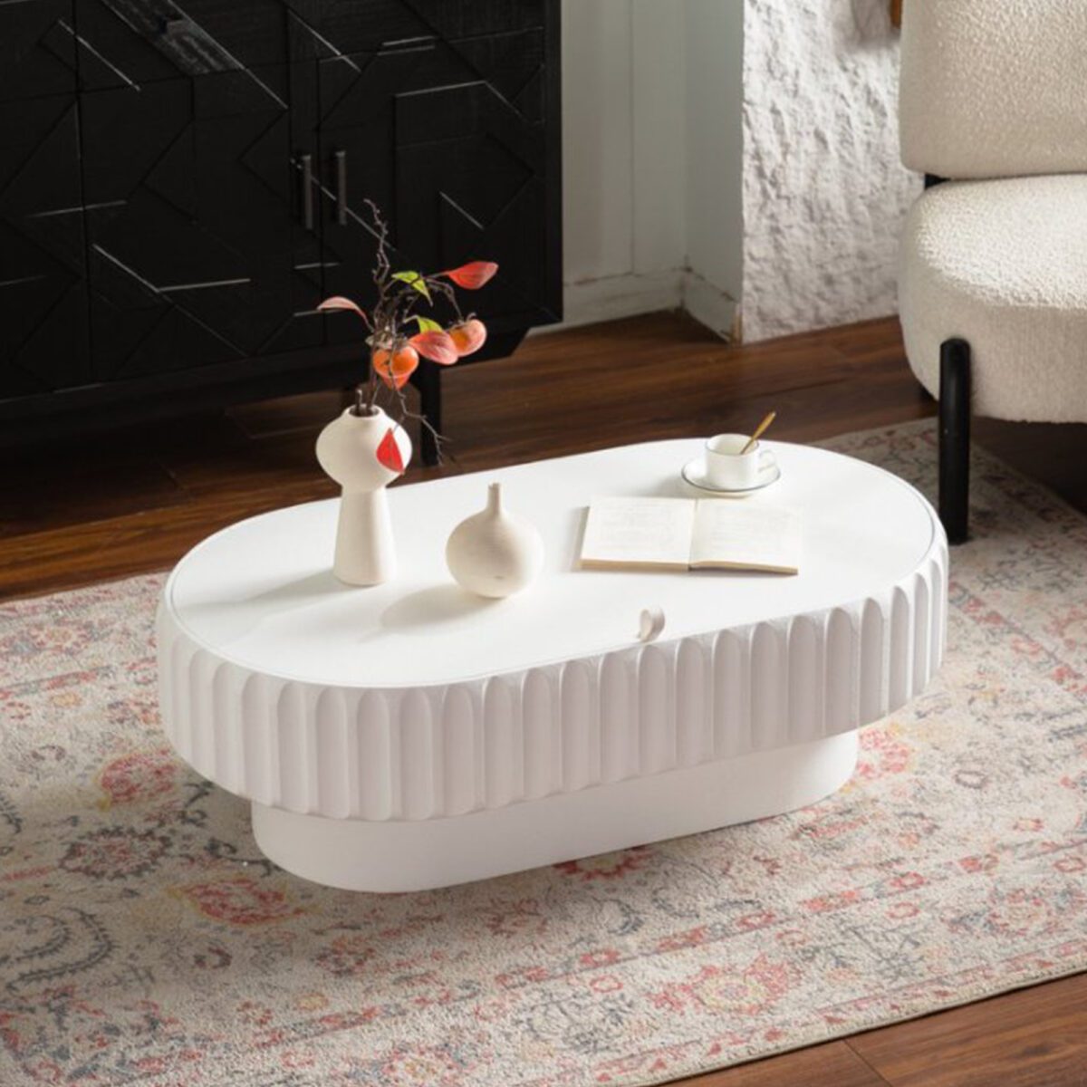 White Fluted Oval Coffee Table - Modern Ribbed Accent Table with Hidden Storage - Image 2