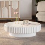 White Fluted Round Storage Coffee Table - Modern Ribbed Accent Table with Hidden Compartment