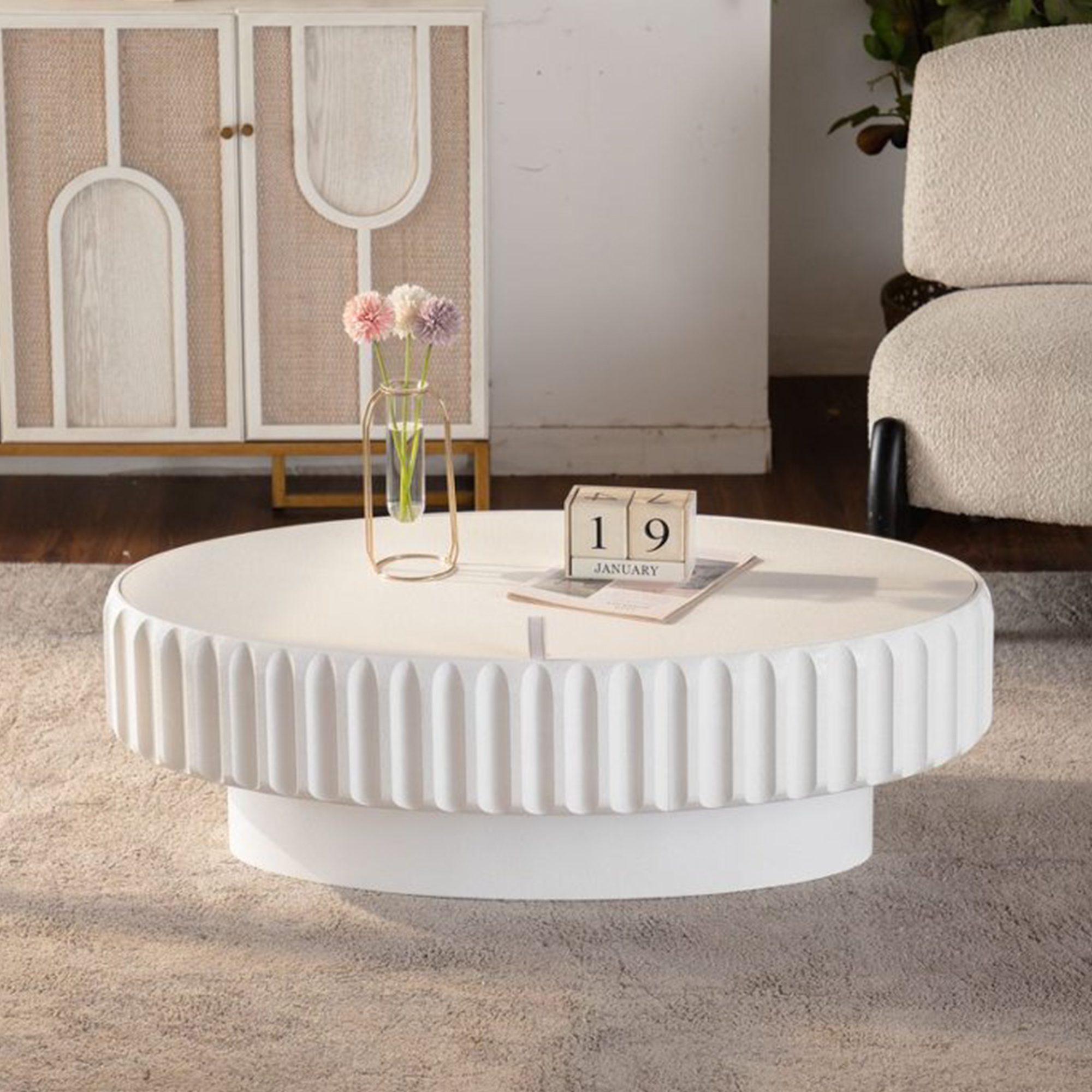 2 White Fluted Round Storage Coffee Table - Modern Ribbed Accent Table with Hidden Compartment - Image 1