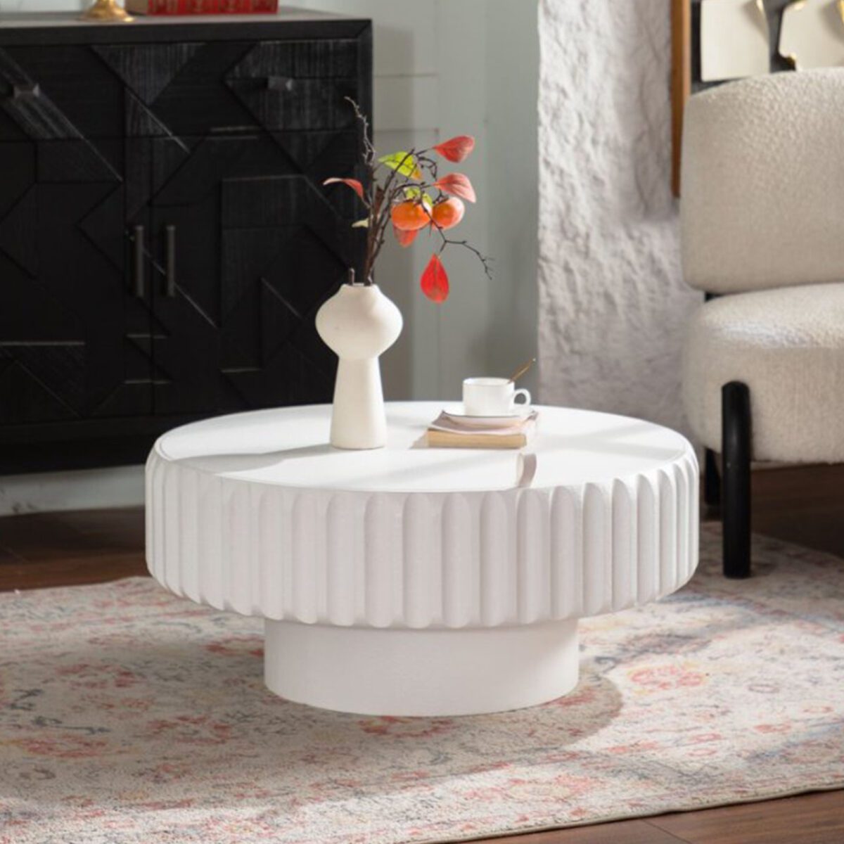 White Fluted Round Storage Coffee Table - Modern Ribbed Accent Table with Lift-Off Lid - Image 2