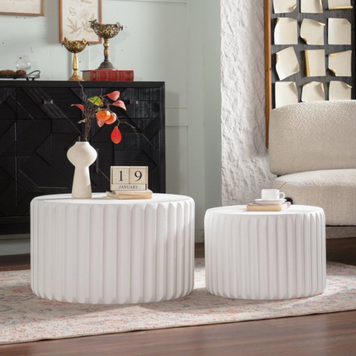 Set of 2 White Fluted Nesting Tables - Modern Ribbed Round Accent Tables - Image 2
