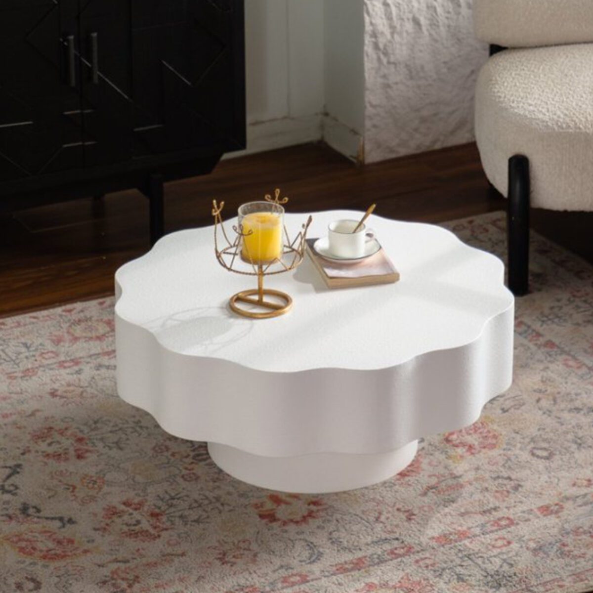 White Scalloped Round Coffee Table - Modern Wavy Edge Accent Table - Image 3