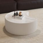 White Pleated C-Shaped Coffee Table - Sintered Stone Top & Fluted PU Leather Accent Table