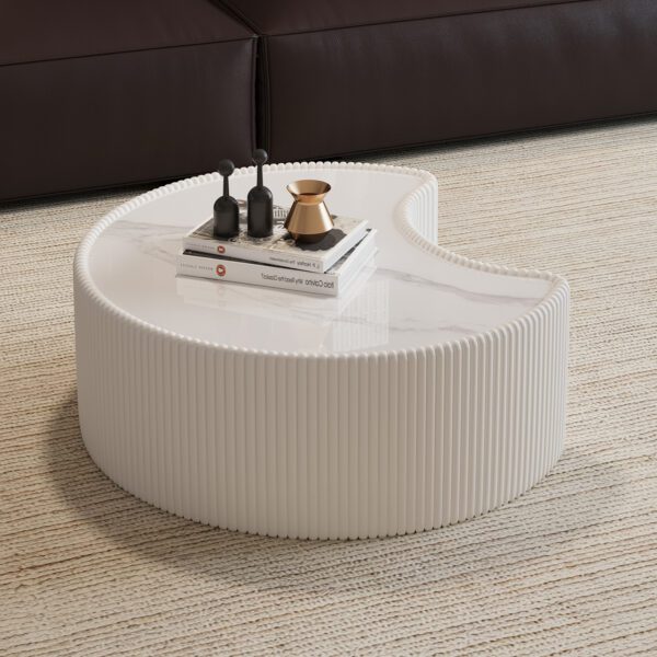 White Pleated C-Shaped Coffee Table - Sintered Stone Top & Fluted PU Leather Accent Table