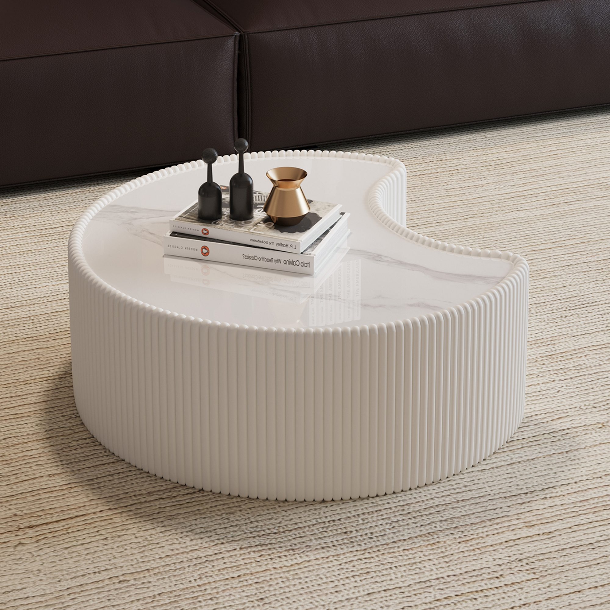 2 White Pleated C-Shaped Coffee Table - Sintered Stone Top & Fluted PU Leather Accent Table - Image 1
