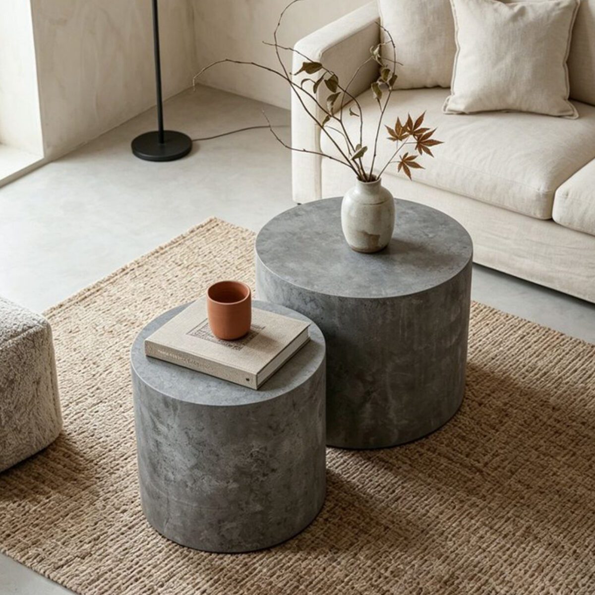 Set of 2 Nesting Round Cylinder MDF Coffee Tables, Rustic Travertine-Effect Drum Accent Side Table Set - Image 3