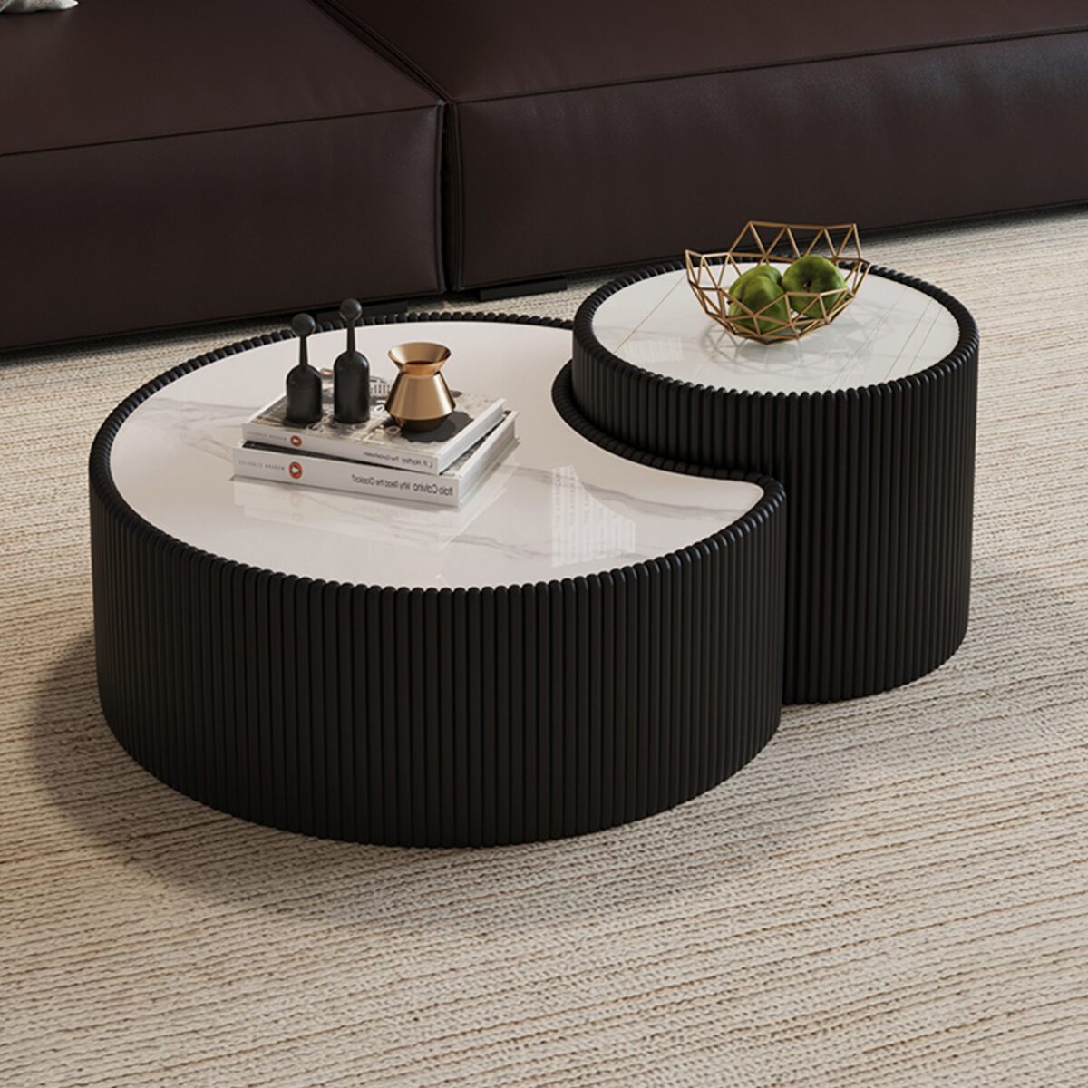 Black Pleated C-Shaped Coffee Table - Sintered Stone Top & Fluted PU Leather Accent Table - Image 2