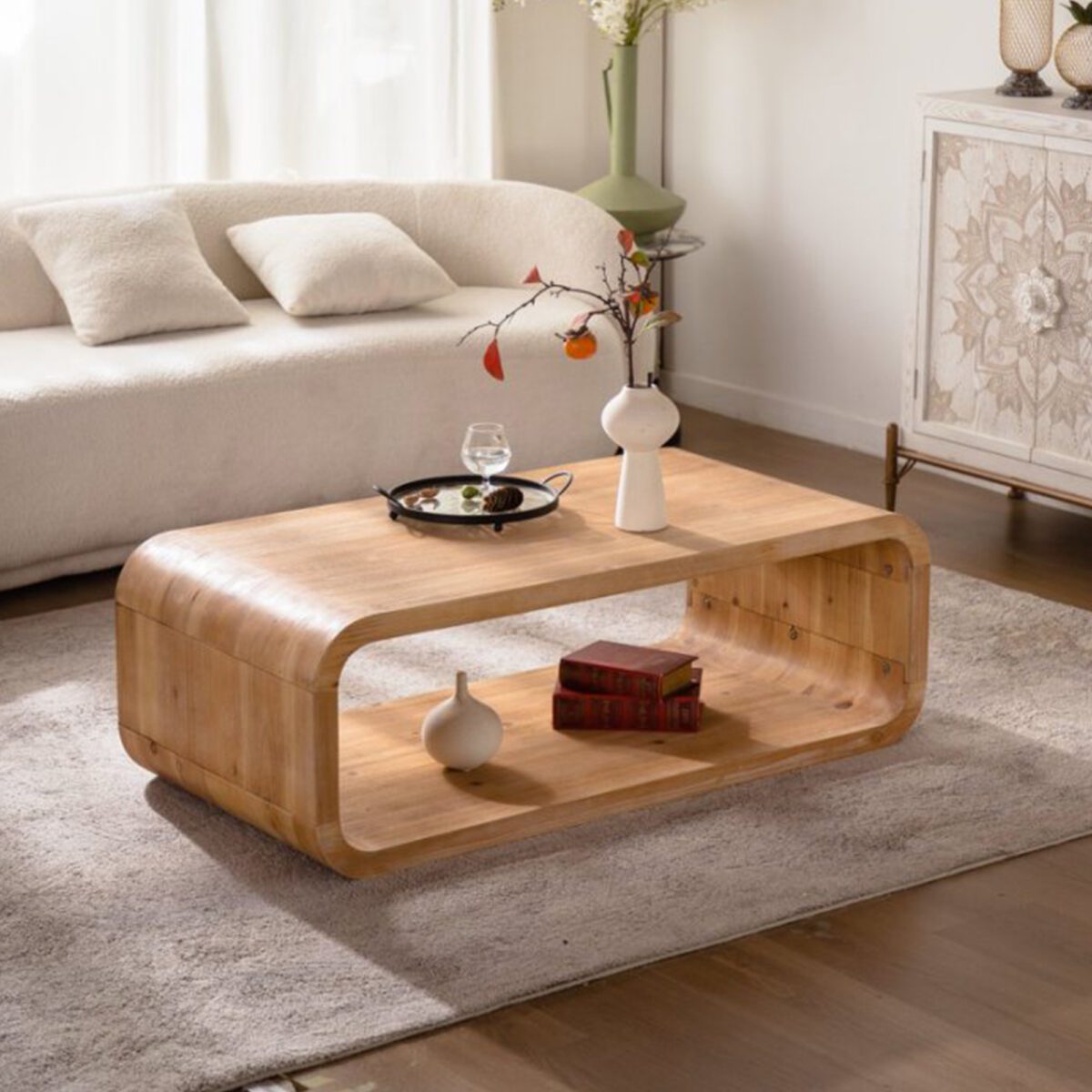 Rounded Open-Frame Coffee Table - Natural Wood-Look Accent Table with Open Lower Shelf - Image 2