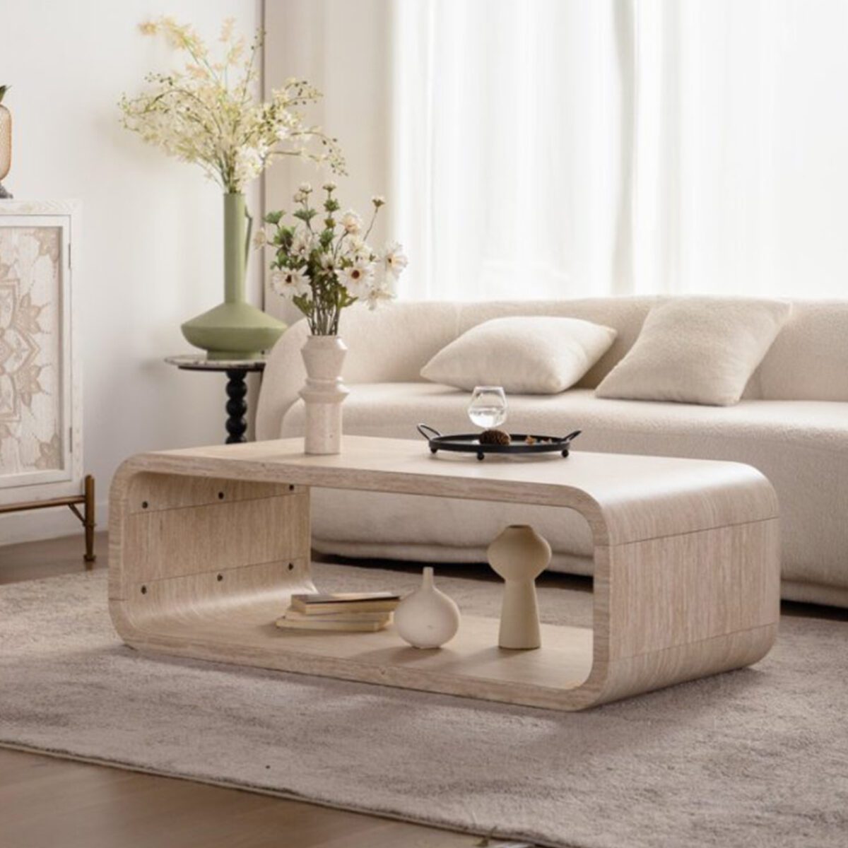 Rounded Open-Frame Travertine-Look Coffee Table - Modern U-Shaped Accent Table with Open Shelf - Image 2