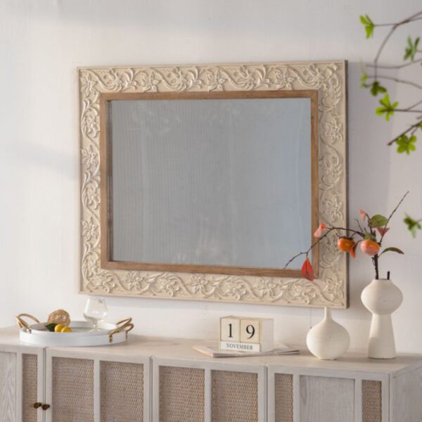 Ornate Carved Floral MDF Wall Mirror - Vintage Cream & Natural Wood Accent Mirror