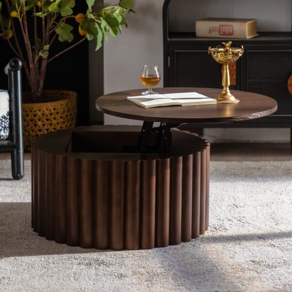 Dark Brown Fluted Lift-Top Coffee Table - Round Ribbed Accent Table with Hidden Storage