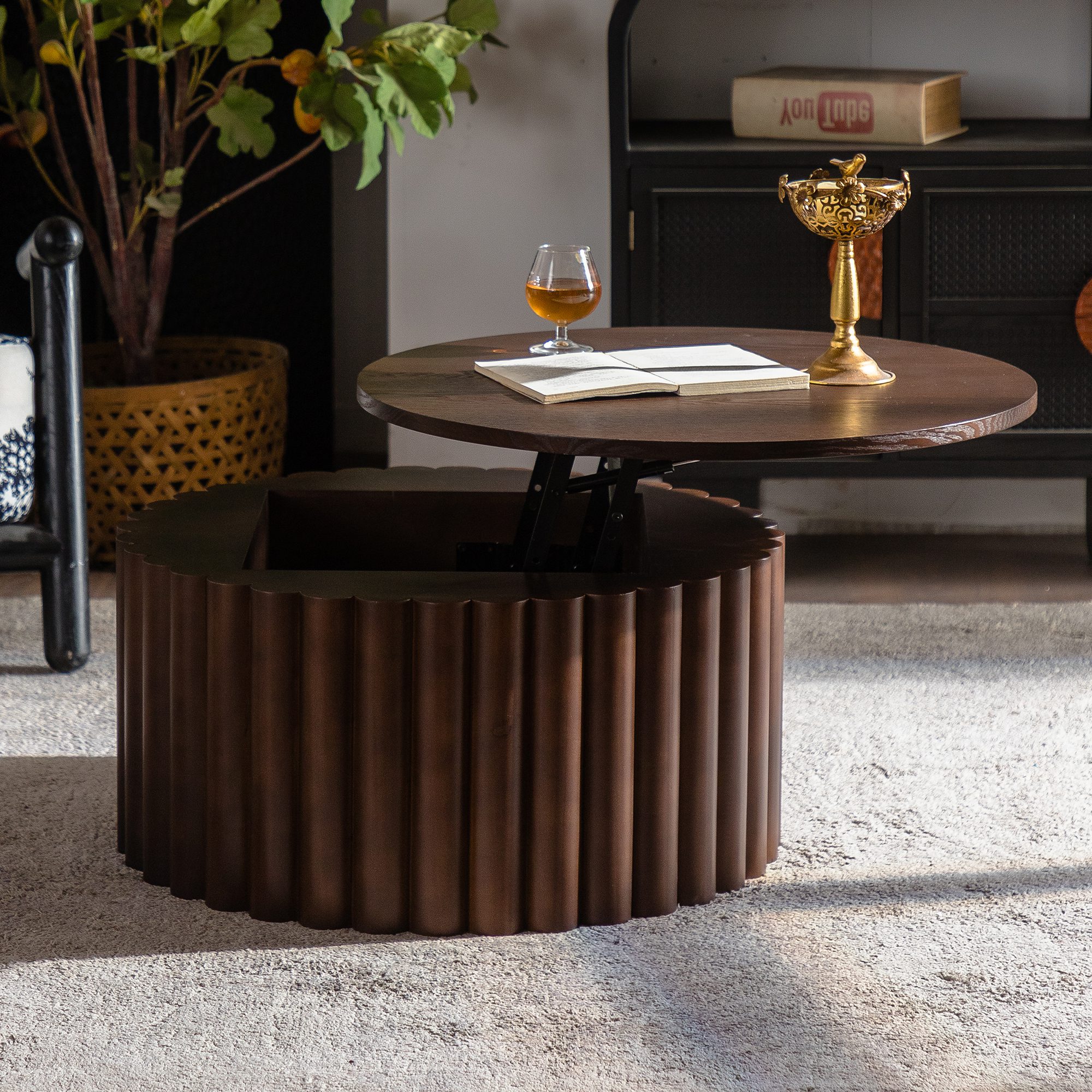 2 Dark Brown Fluted Lift-Top Coffee Table - Round Ribbed Accent Table with Hidden Storage - Image 1