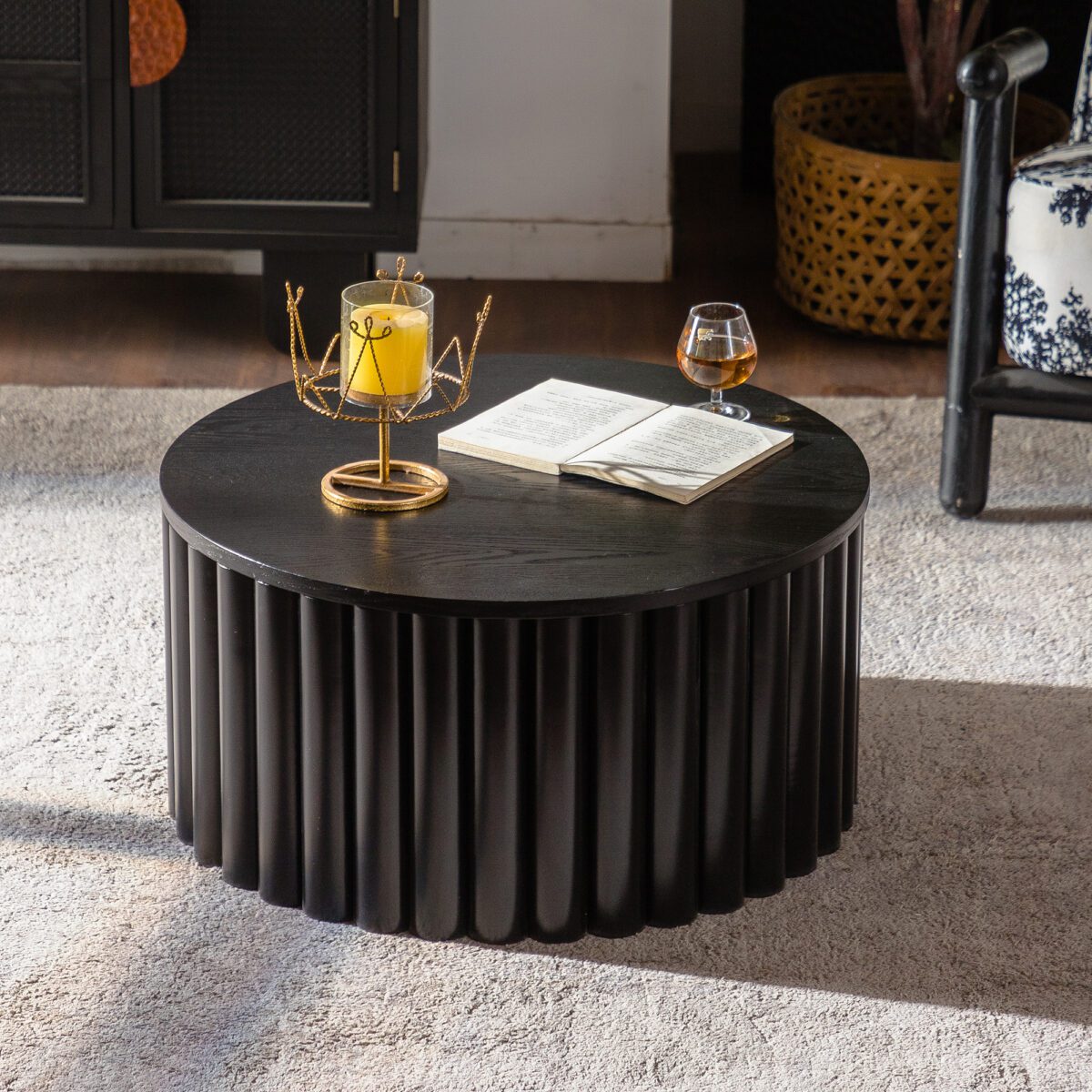 Black Fluted Lift-Top Coffee Table - Round Ribbed Accent Table with Hidden Storage - Image 4