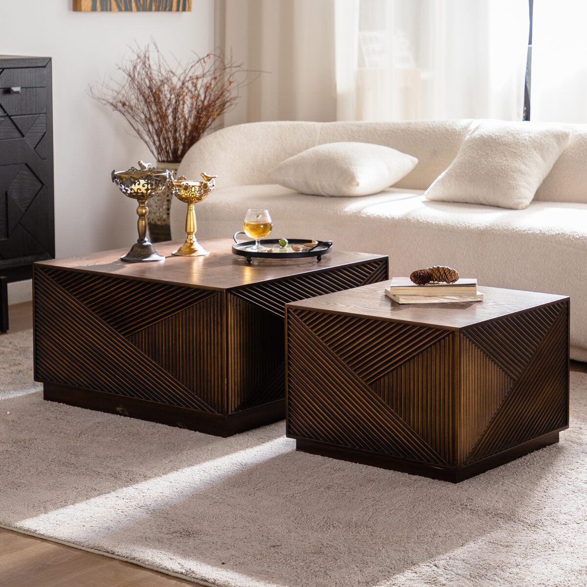 Dark Brown Geometric Fluted Cube Coffee Table - Modern Square Accent Table with Textured Panels - Image 3