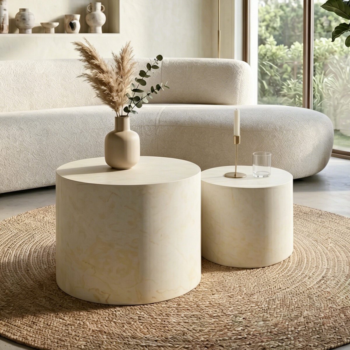 Set of 2 Cream Marble-Effect Cylinder Nesting Coffee Tables - Minimalist Accent Side Tables - Image 2