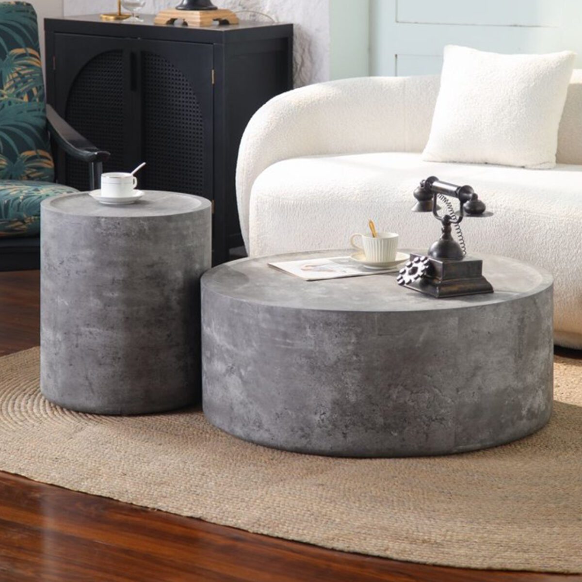 Large Round Concrete-Effect Coffee Table - Industrial Minimalist Cylinder Accent Table - Image 3