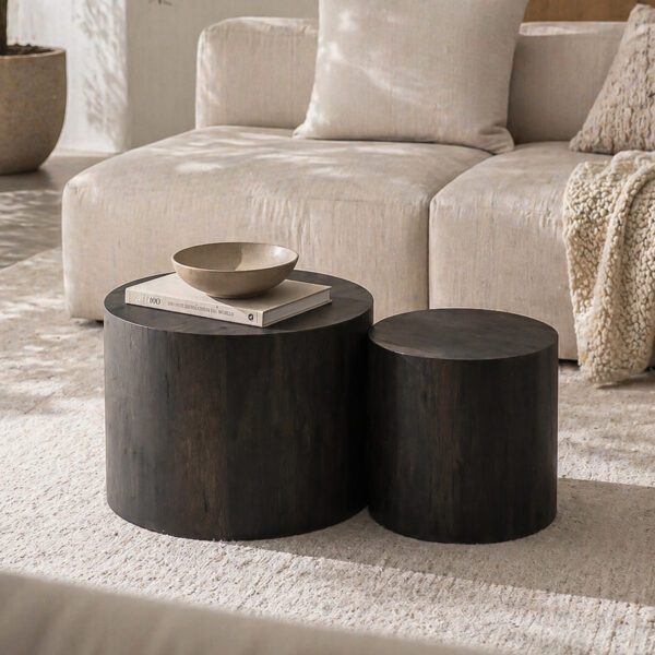 Set of 2 Nesting Round Cylinder MDF Side Tables, Dark Rustic Wood-Grain Drum Accent Table Set