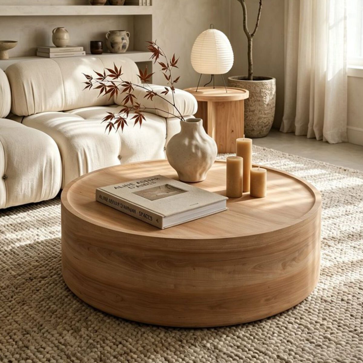 Large Round Drum MDF Coffee Table with Natural Wood Grain Veneer, Minimalist Low Profile Living Room Center Table - Image 2