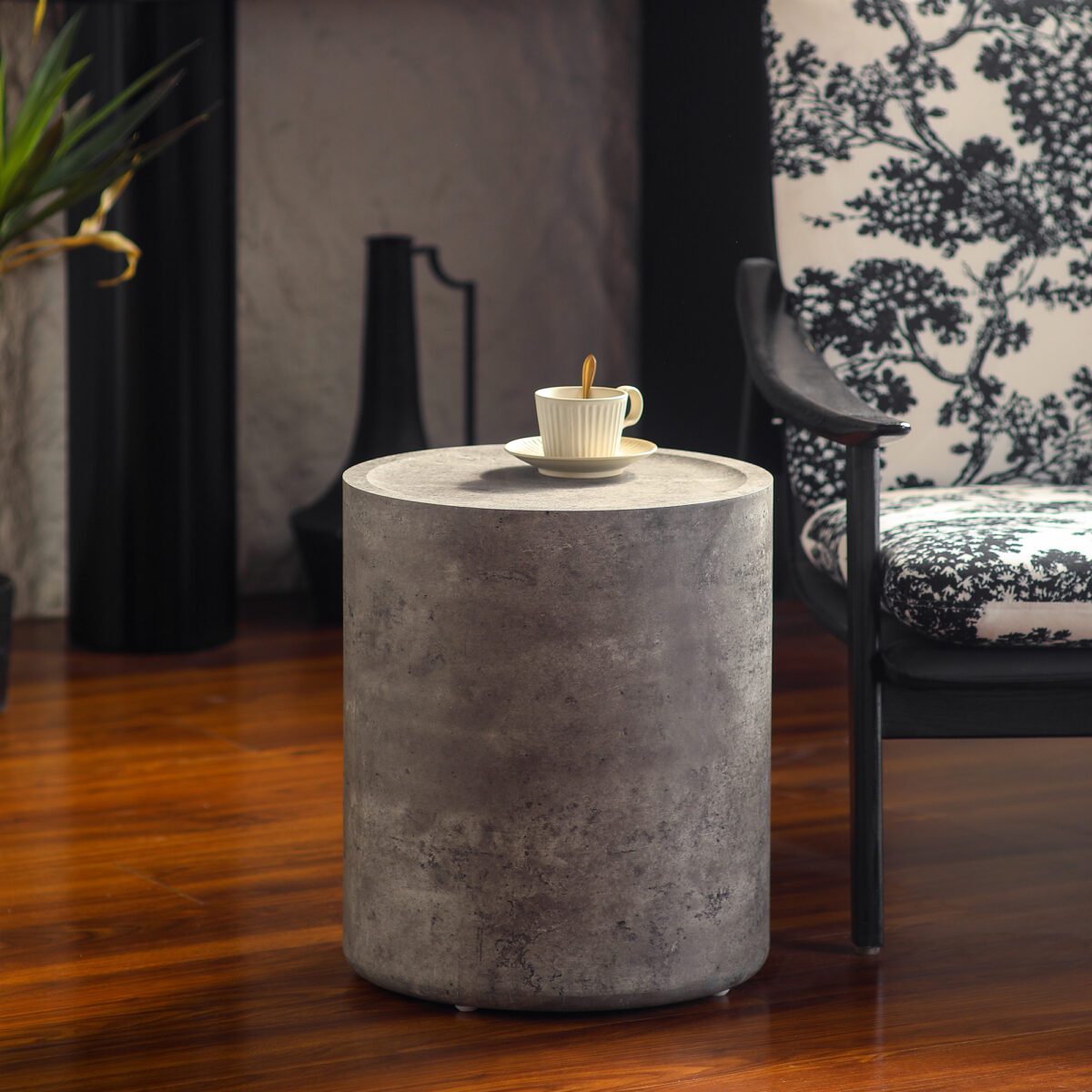 Dark Gray Concrete-Effect Cylinder Side Table - Industrial Minimalist Accent Table - Image 2