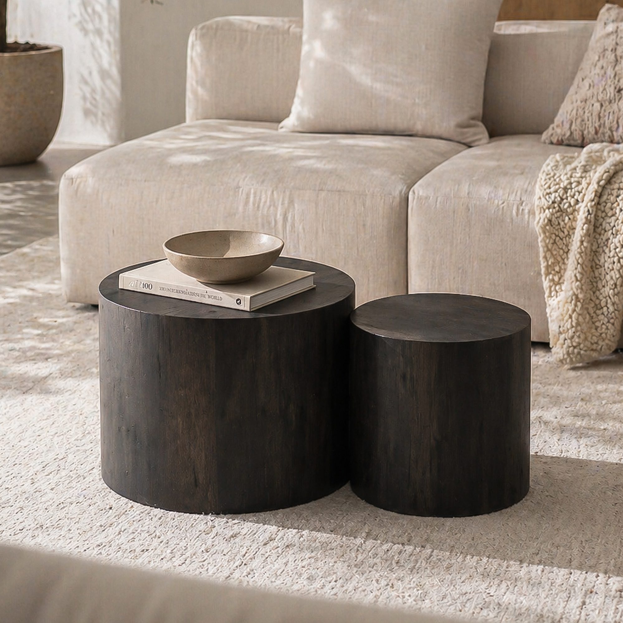 2 Set of 2 Nesting Round Cylinder MDF Side Tables, Dark Rustic Wood-Grain Drum Accent Table Set - Image 1