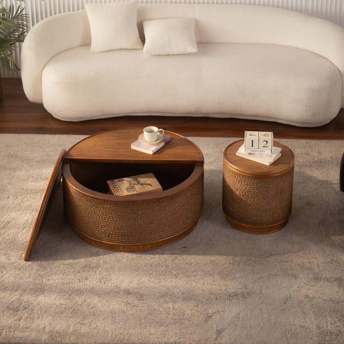 Round Woven Rope Storage Side Table - Natural Wood & Rope Accent Table with Hidden Storage - Image 3
