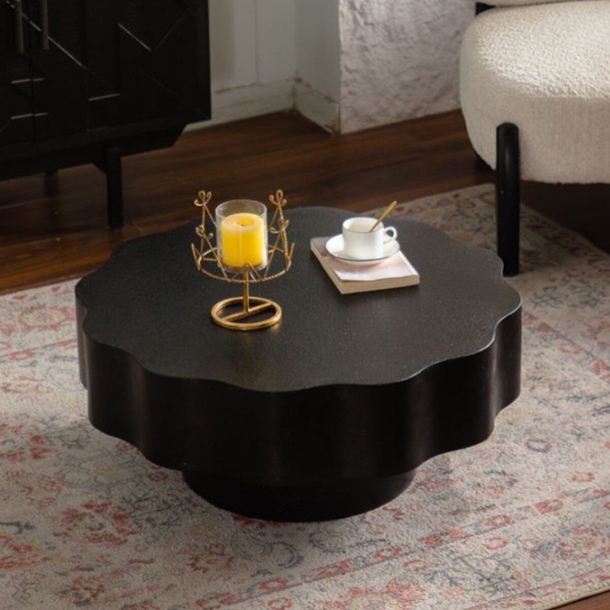 Black Scalloped Round Coffee Table - Modern Wavy Edge Accent Table - Image 3