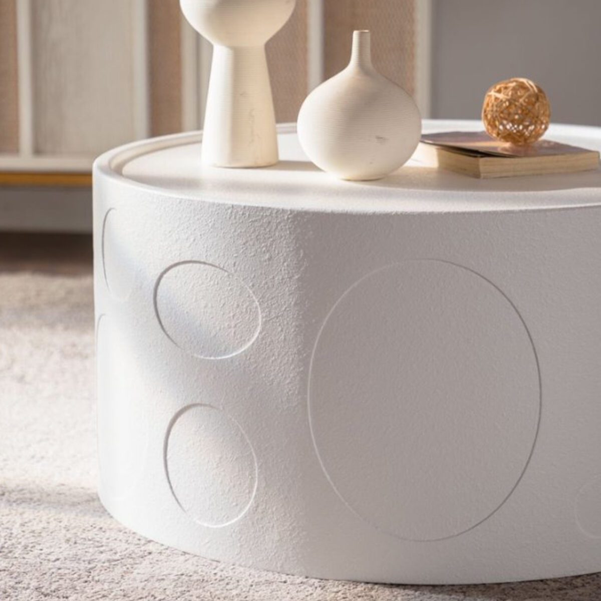 White Embossed Round Coffee Table - Modern Textured Cylinder Accent Table - Image 4