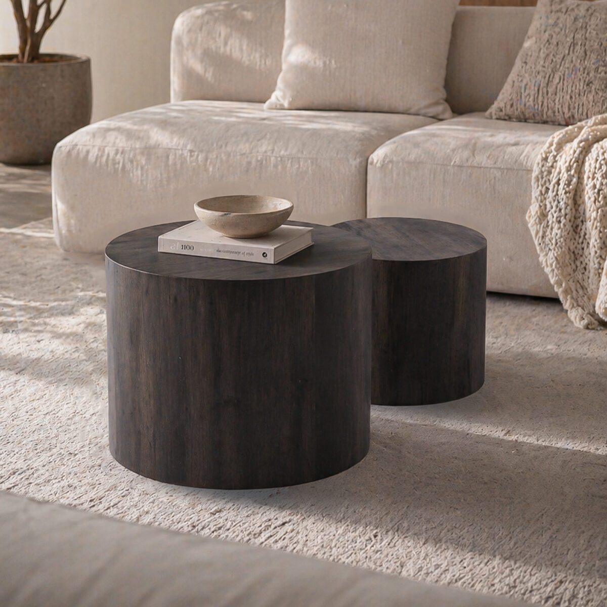 Set of 2 Nesting Round Cylinder MDF Side Tables, Dark Rustic Wood-Grain Drum Accent Table Set - Image 2