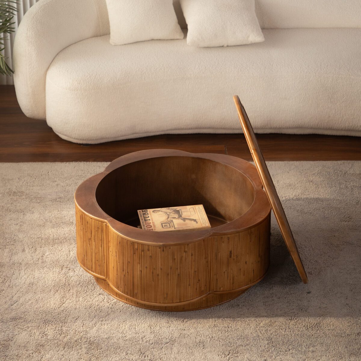 Clover-Shaped Bamboo Storage Coffee Table - Woven Bamboo Accent Table with Hidden Compartment - Image 3