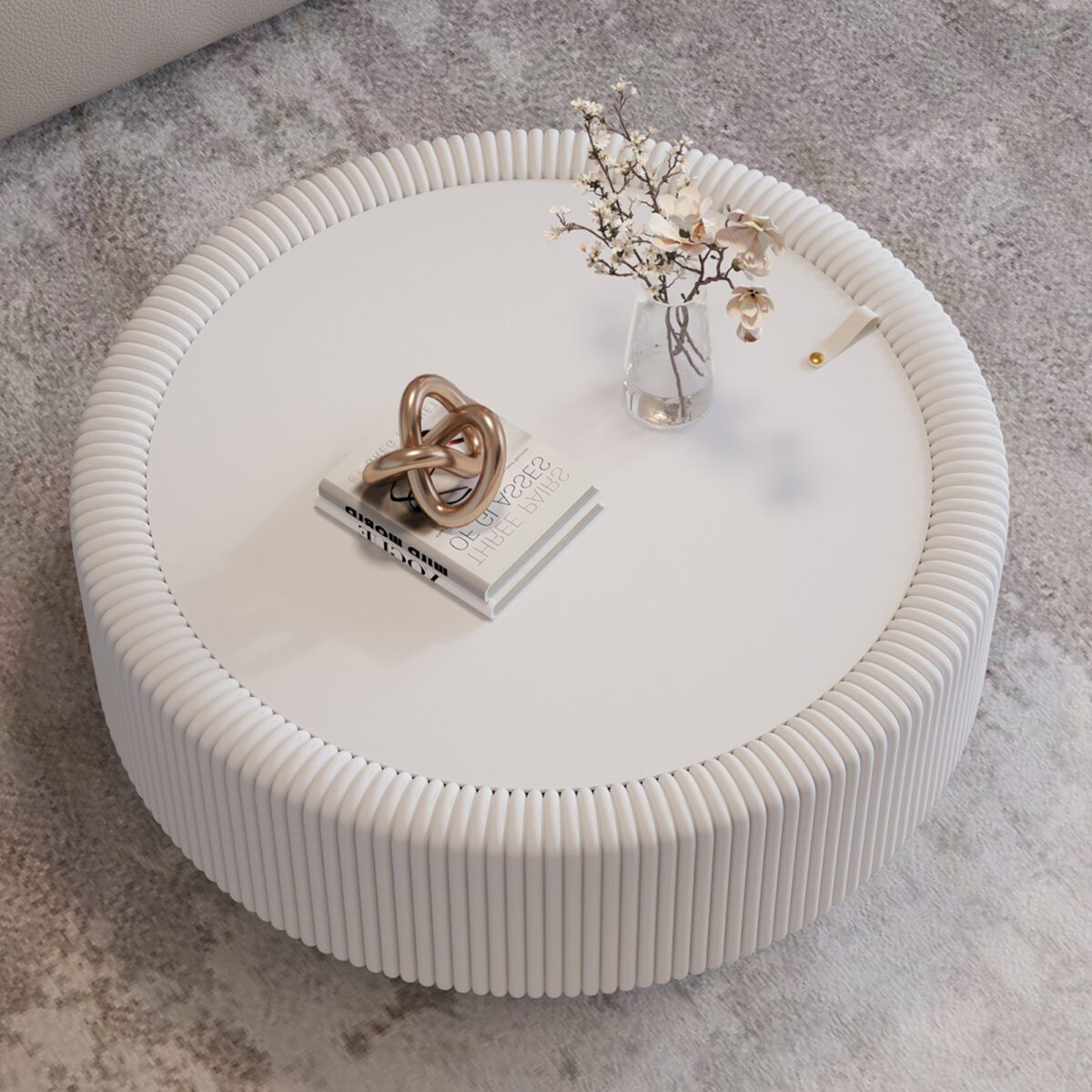 White Pleated Round Coffee Table - Tempered Glass Top & PU Leather Fluted Accent Table - Image 3